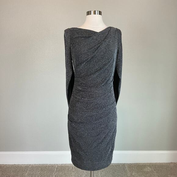 Avery G Metallic Knit Draped Back Midi Sheath Cocktail Dress Black Size 8 - Picture 2 of 13